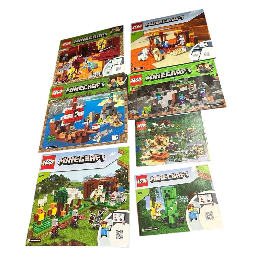 7 Lego Minecraft Instruction booklets 21159, 21152, 21154, 21141, 21167,  21160